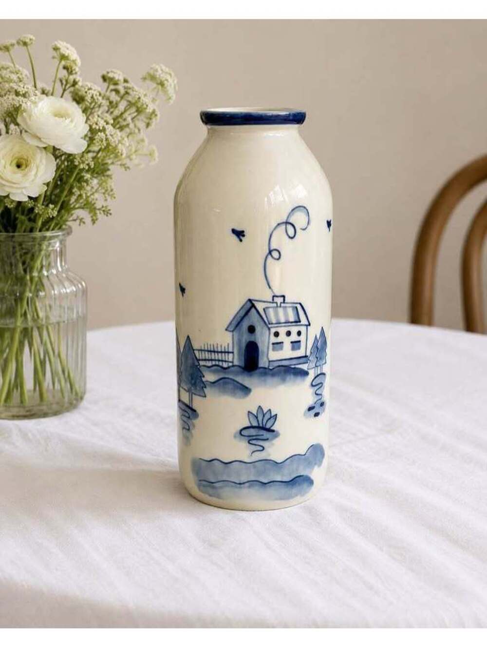 Vintage USSR Blue White Porcelain Vase Gzhel Style Russian Folk Art Village
